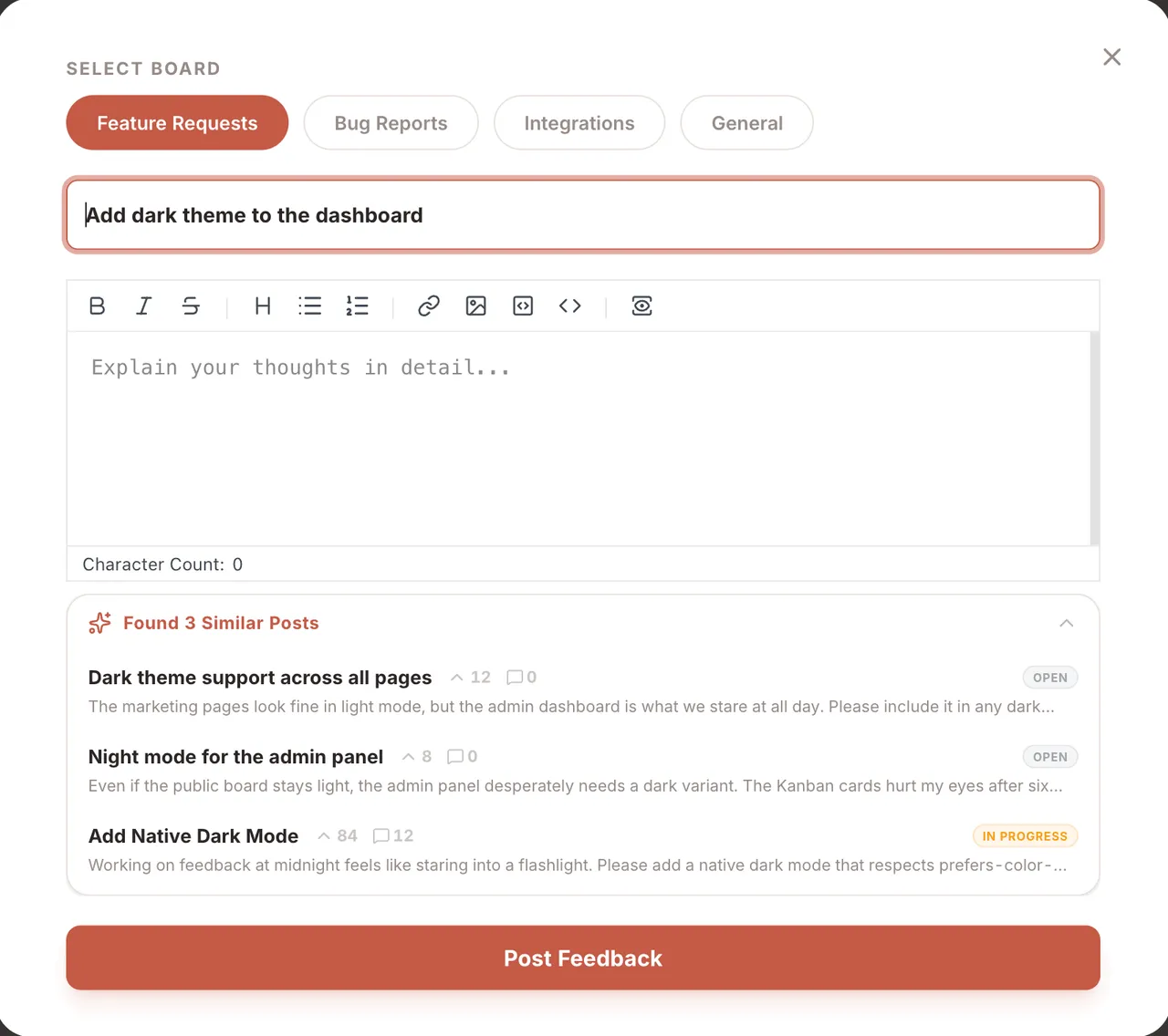 Similar feedback detection — real-time duplicate suggestions as users type