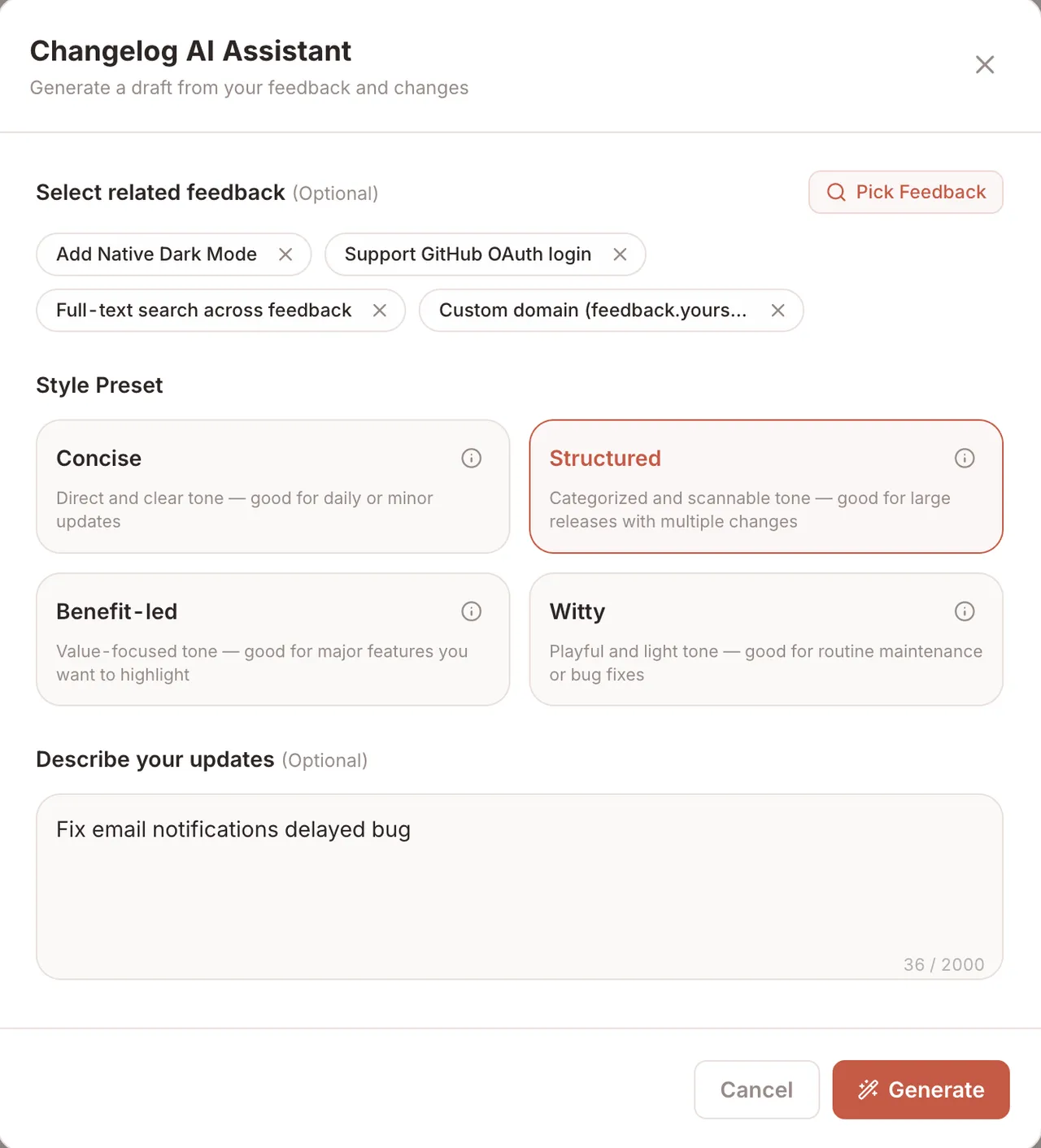 Changelog AI Assistant — select tickets, pick a tone, generate release notes