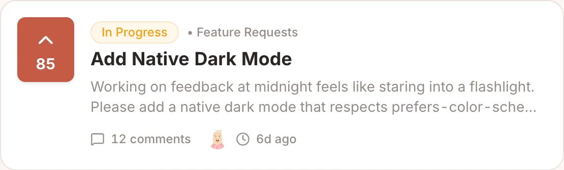 Feedback board — upvote, status, comments