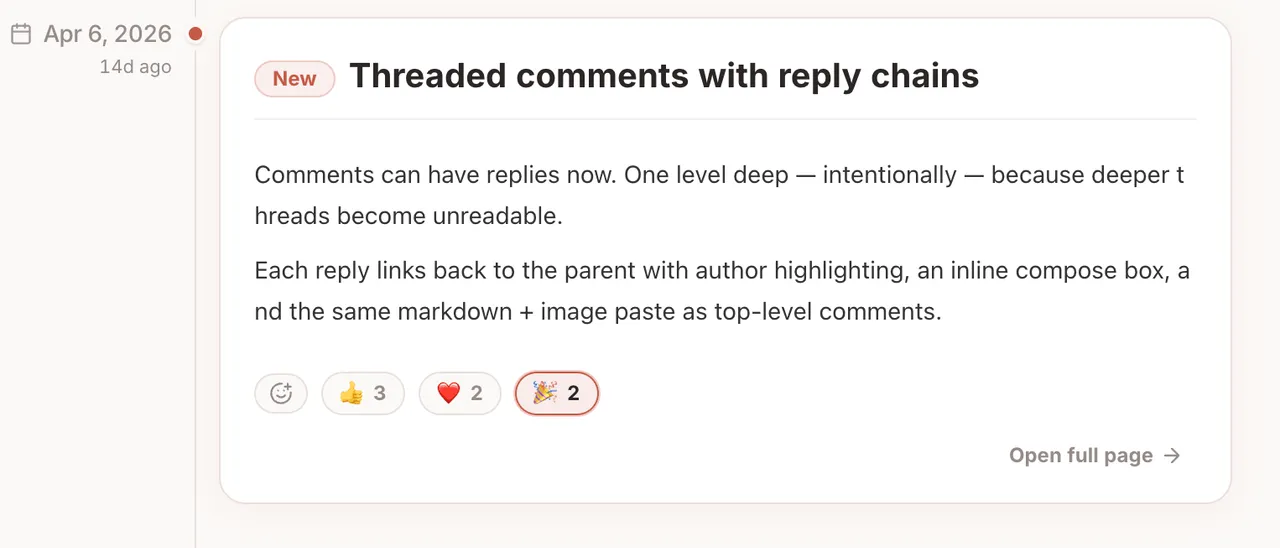 Standalone Changelog timeline with emoji reactions