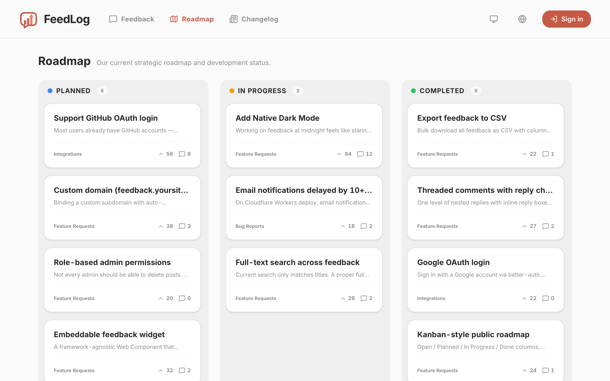 FeedLog 交互式路线图 — 待定、已规划、进行中