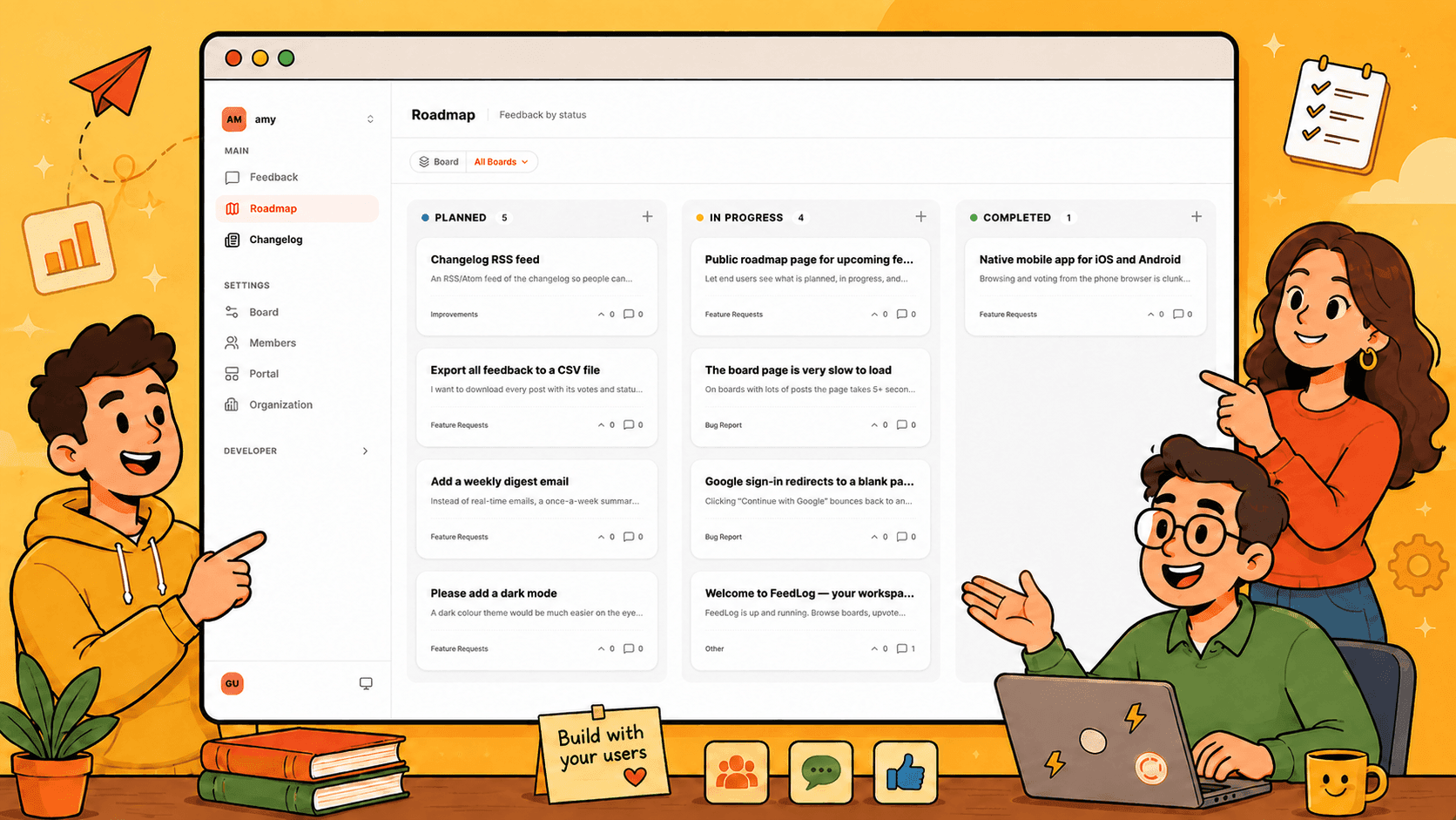 FeedLog's feature request board handling and prioritizing feature requests
