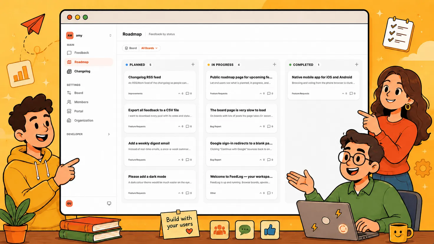 FeedLog's feature request board handling and prioritizing feature requests