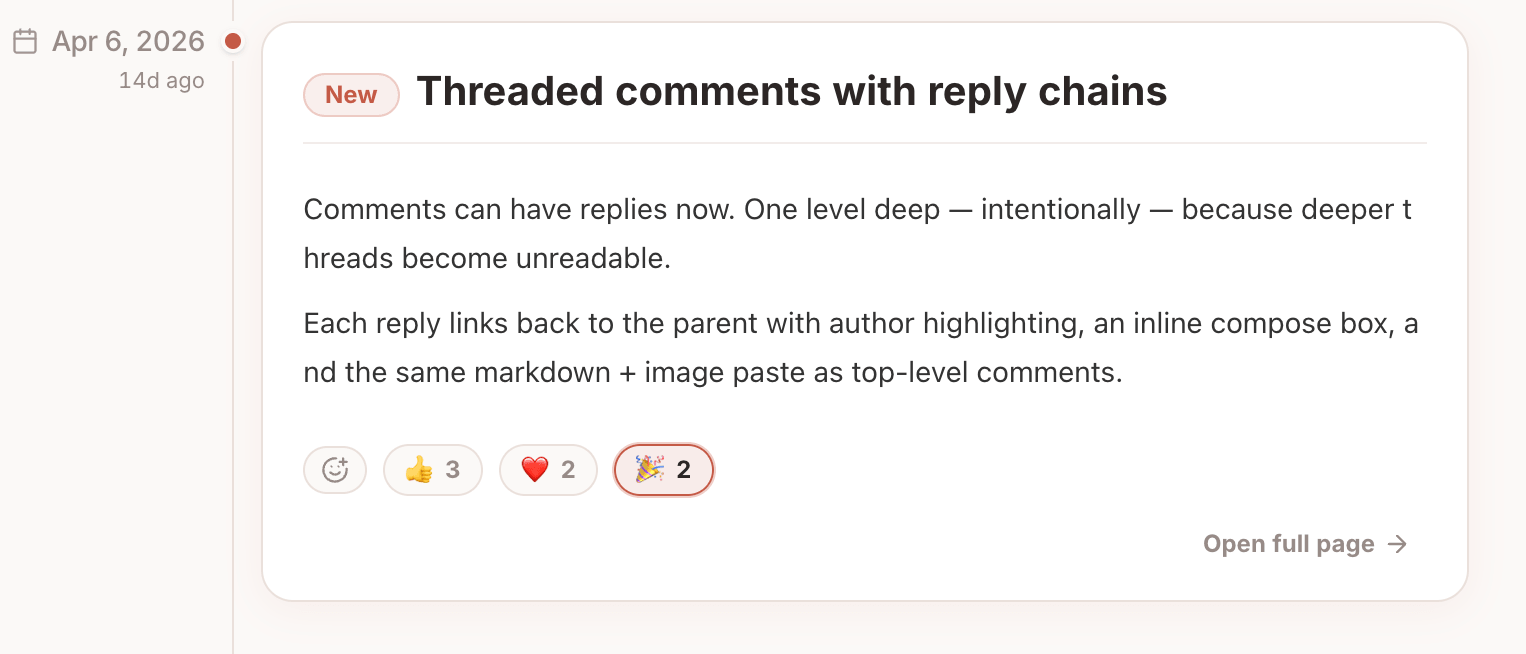 Standalone Changelog timeline with emoji reactions