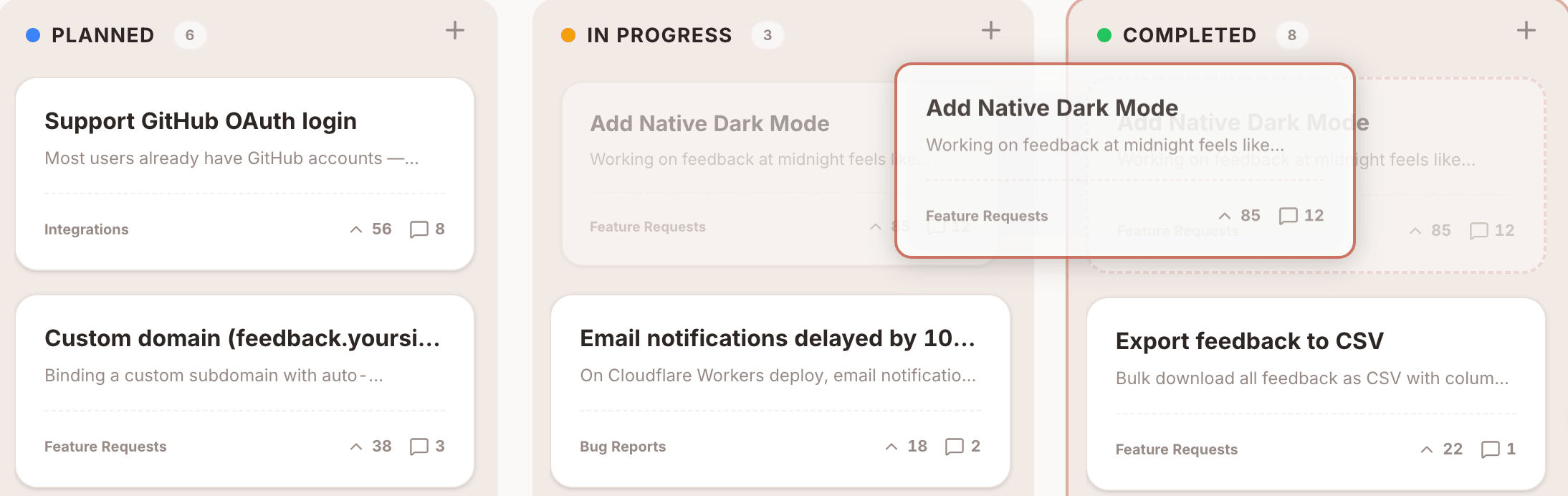 Interactive Roadmap — Kanban view with Open, Planned, In Progress columns